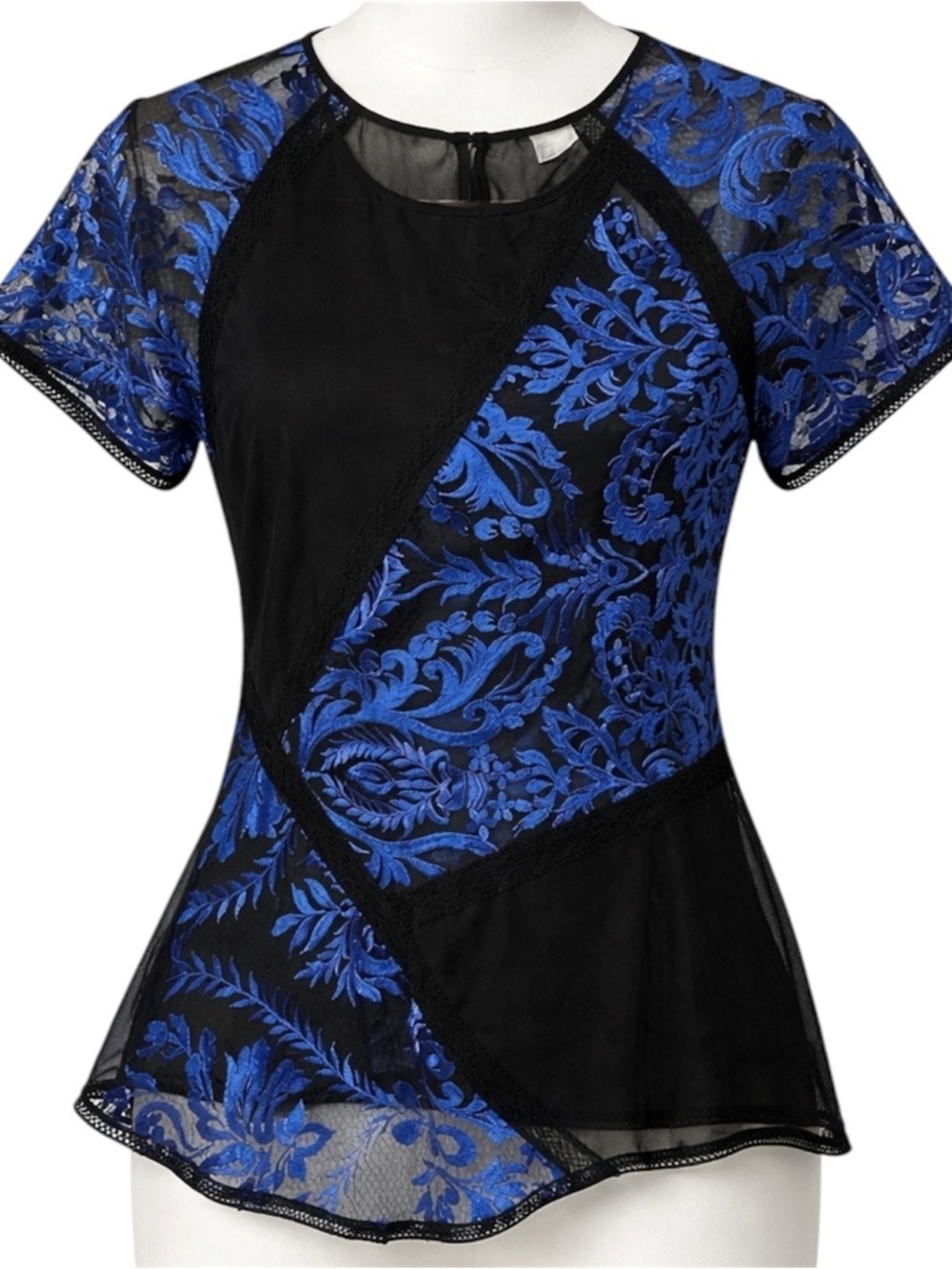 Venus woman’s blouse top, sheer embroidered black blouse asymmetrical size 14